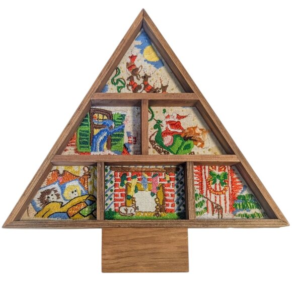 Embroidered Needlework Tree Holiday Wood Diorama Christmas Wood Décor Shadowbox - Picture 1 of 10